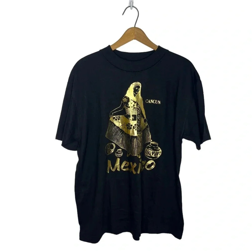 Single Stitch Vintage Cancun Mexico Metallic Gold Graphic Souvenir T Shirt